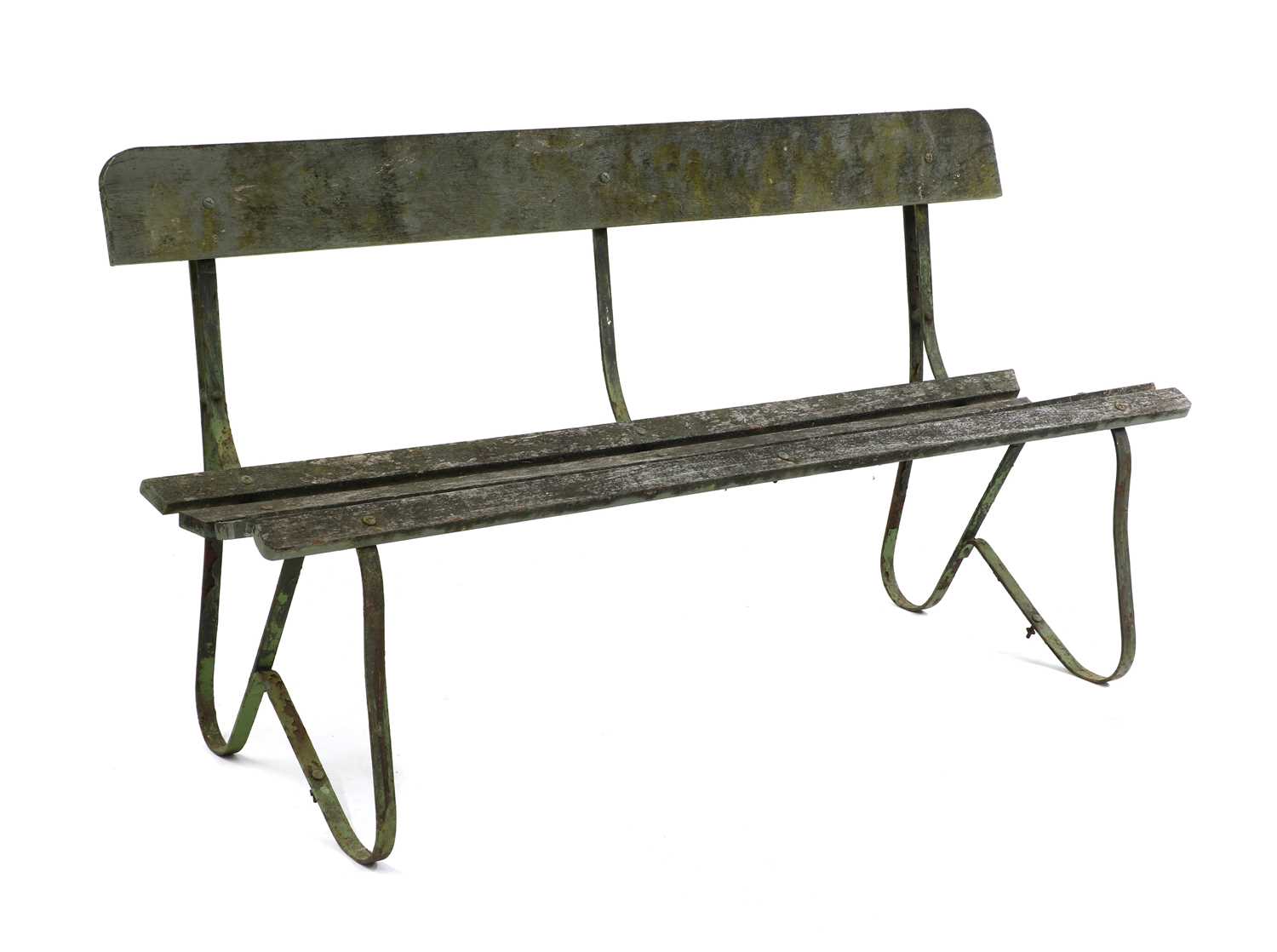 A green painted wrought iron garden bench,