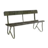 A green painted wrought iron garden bench,