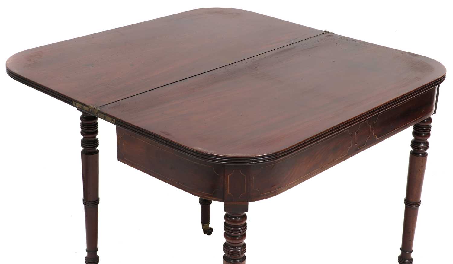 A George III strung mahogany fold-over tea table, - Image 4 of 5