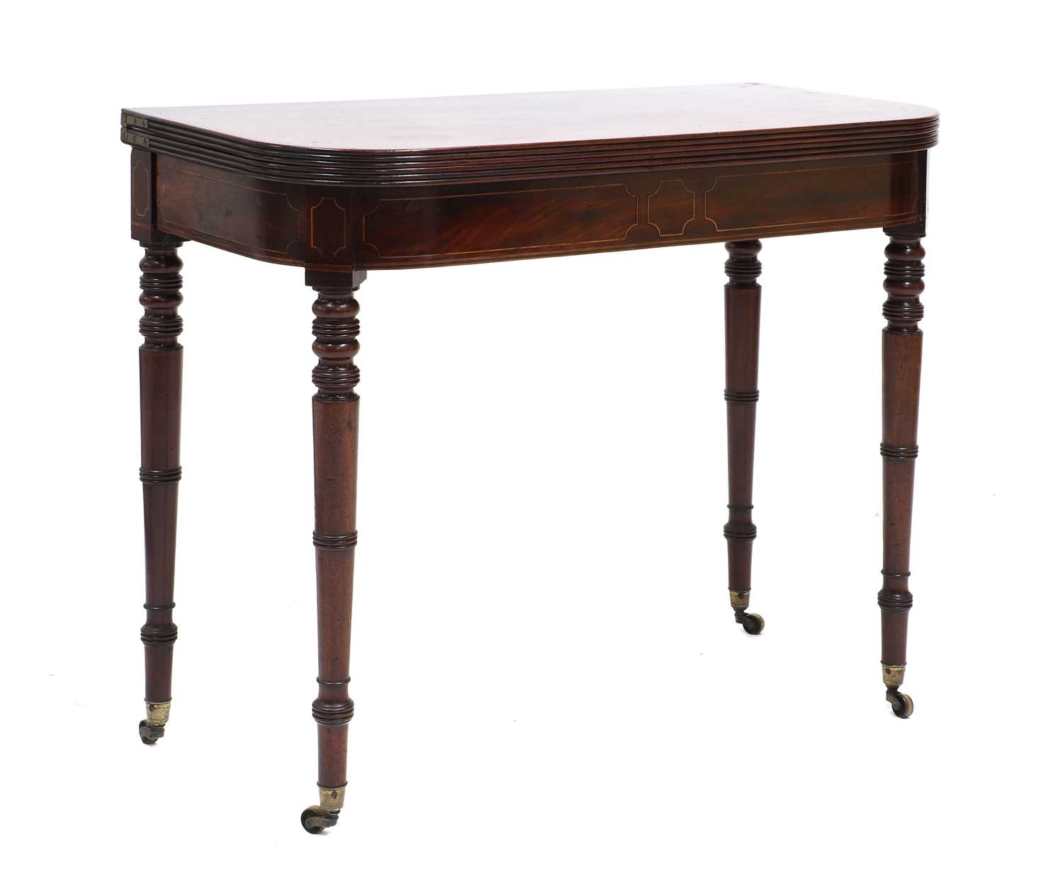 A George III strung mahogany fold-over tea table, - Image 2 of 5