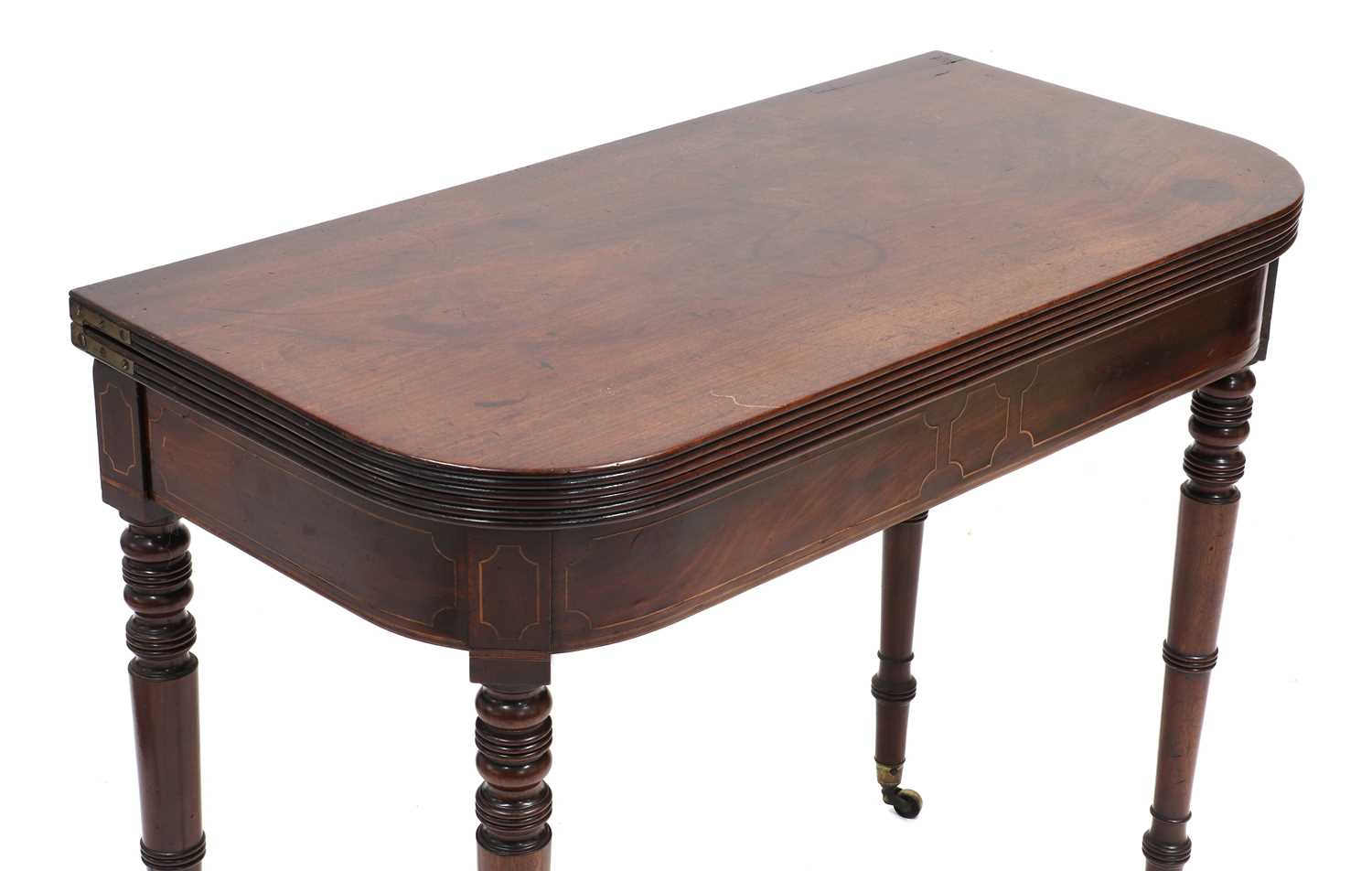 A George III strung mahogany fold-over tea table, - Image 3 of 5