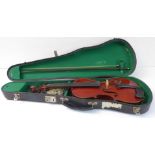 An early 20th century cased violin and bow, interior label for the Maidstone School Orchestra,