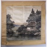 An early 20th century Japanese painting on silk – building by waterside with hills and trees to