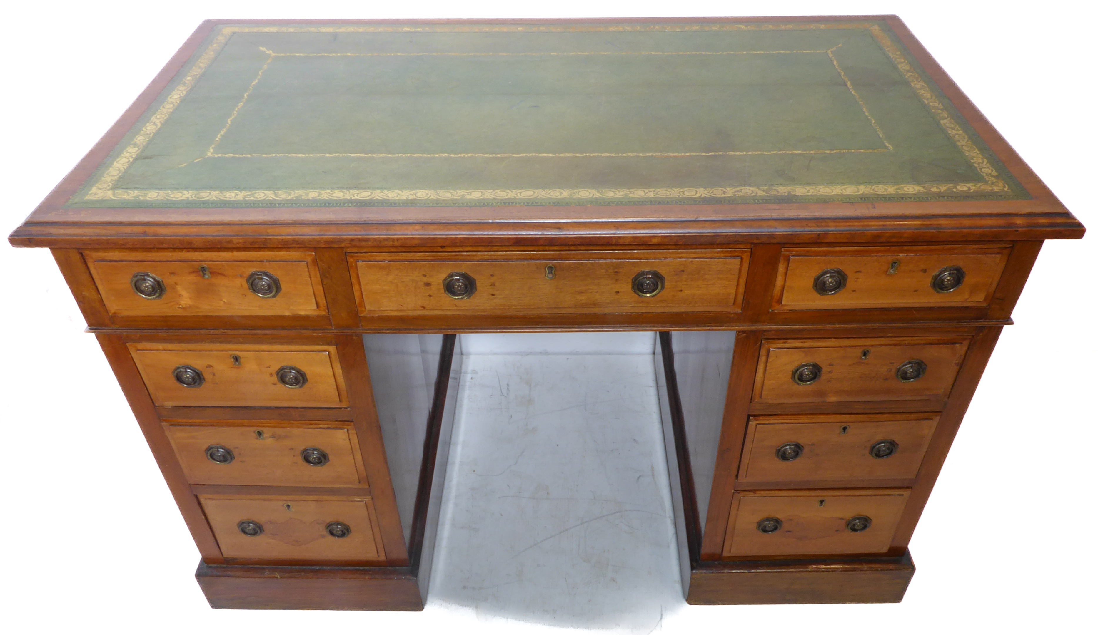 An early 20th century mahogany pedestal desk; the moulded gilt tooled green leather inset top - Image 2 of 4