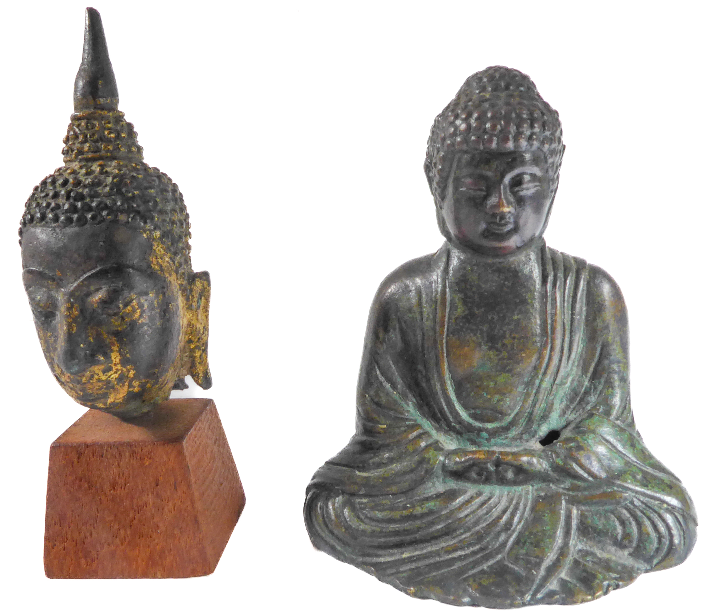 A seated bronze Buddha (8cm high) together with a bronze head of Buddha (possibly Thai) with - Image 2 of 6