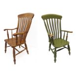 Two lathe back chairs of similar proportions – one of natural wood and with shaped elm seat (115cm