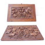 Two carved panels: the larger pollard oak example with central Tudor-style rose surrounded by leaves