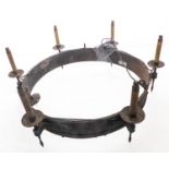 A large and very heavy circular ironwork, six-light candelabra for restoration (68cm diameter and