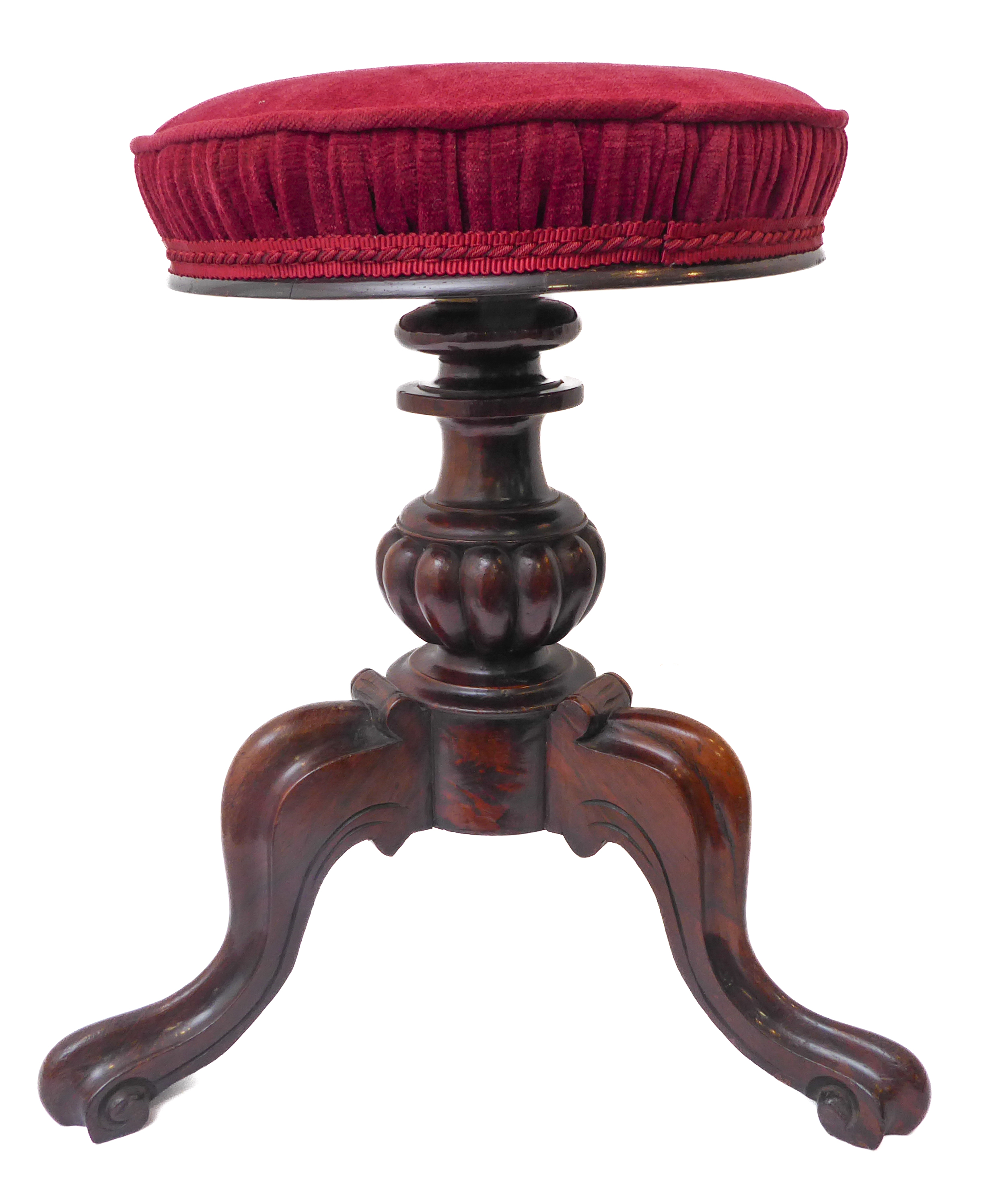 A good mid 19th century circular topped adjustable rosewood music/piano stool; bulbous gadrooned - Image 3 of 6