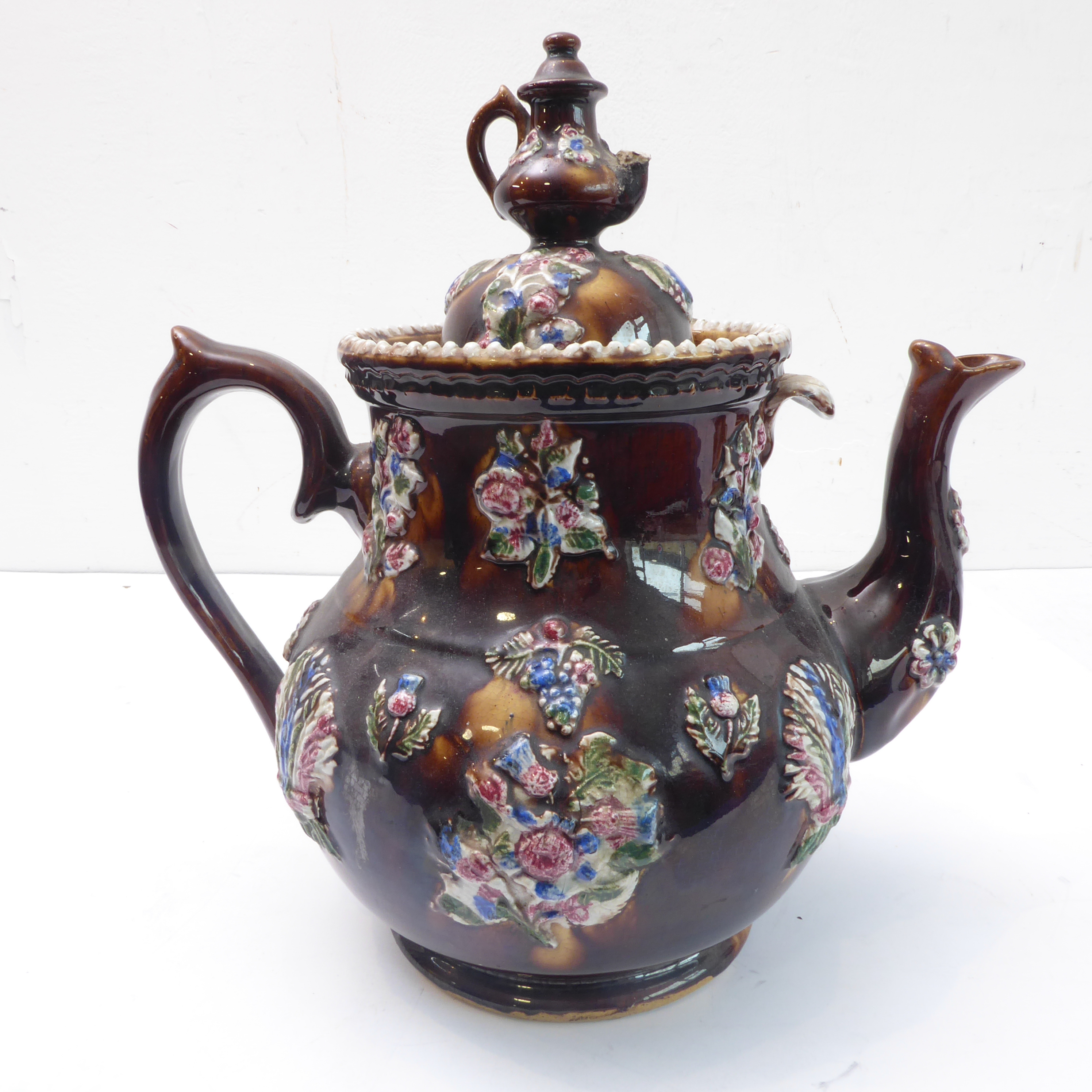 Two large 19th century Bargeware pottery teapots 'A present from a friend' and 'A present from - Image 4 of 8