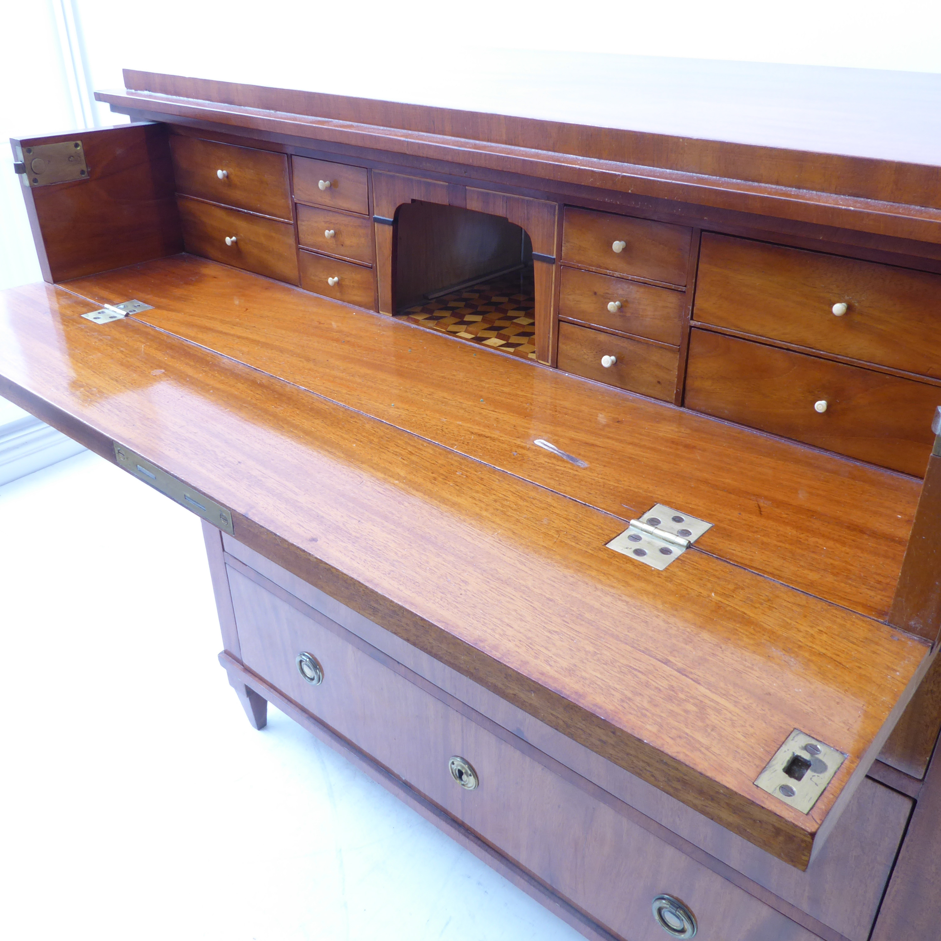 A 19th century continental mahogany secrétaire chest; the full width top drawer opening to reveal - Image 6 of 8