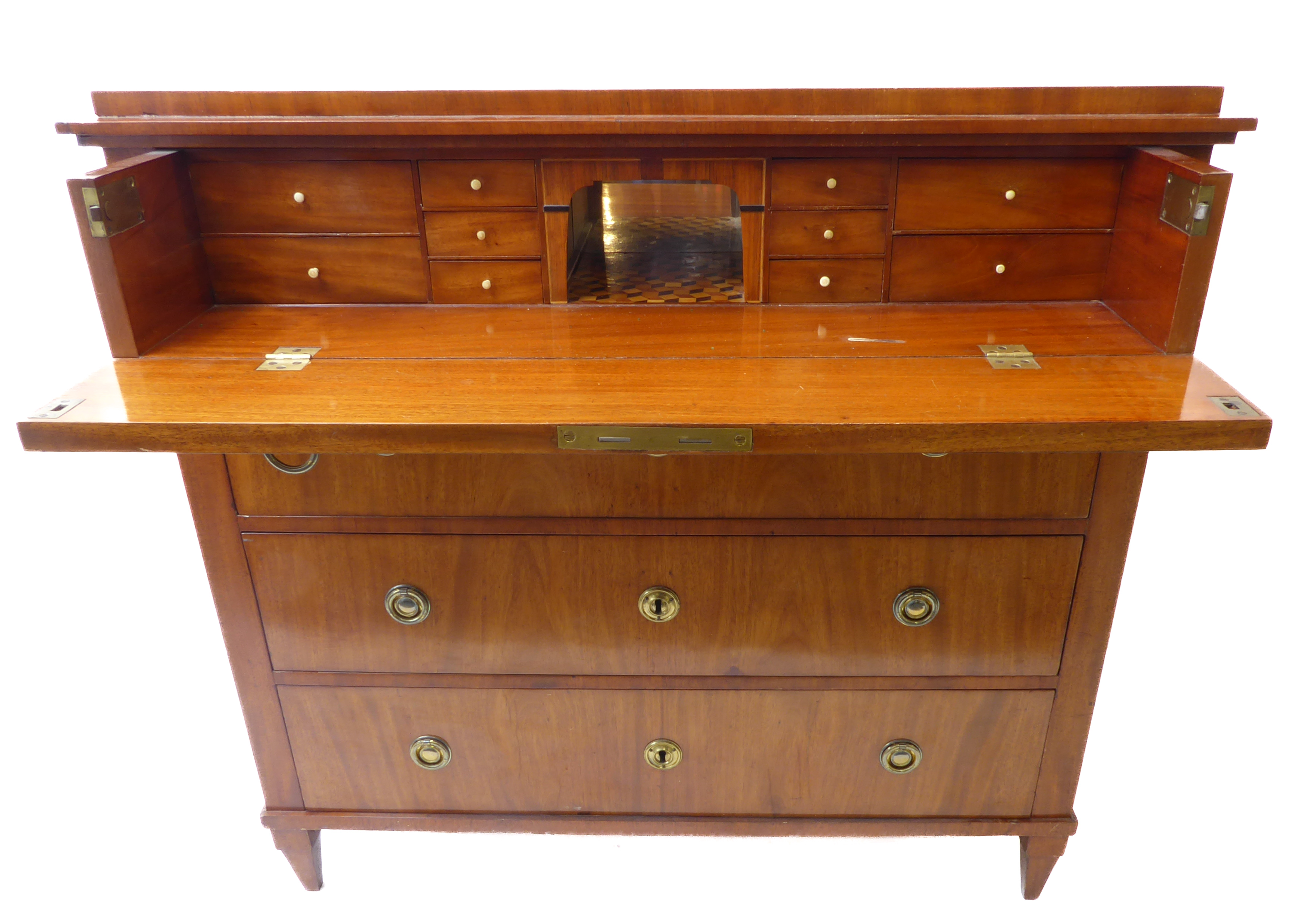 A 19th century continental mahogany secrétaire chest; the full width top drawer opening to reveal - Image 7 of 8