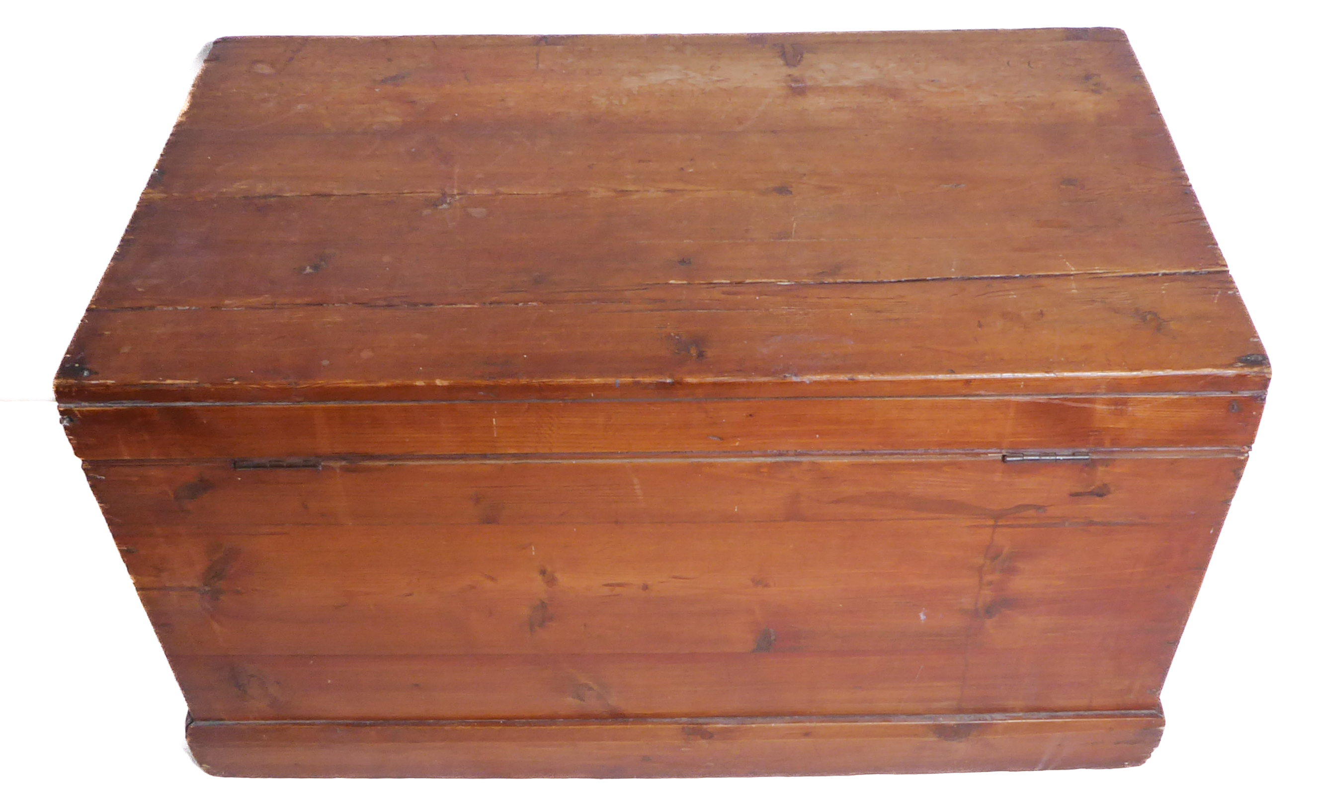 A 19th century polished pine trunk of good colour; the hinged lid opening to reveal candle box - Image 5 of 5