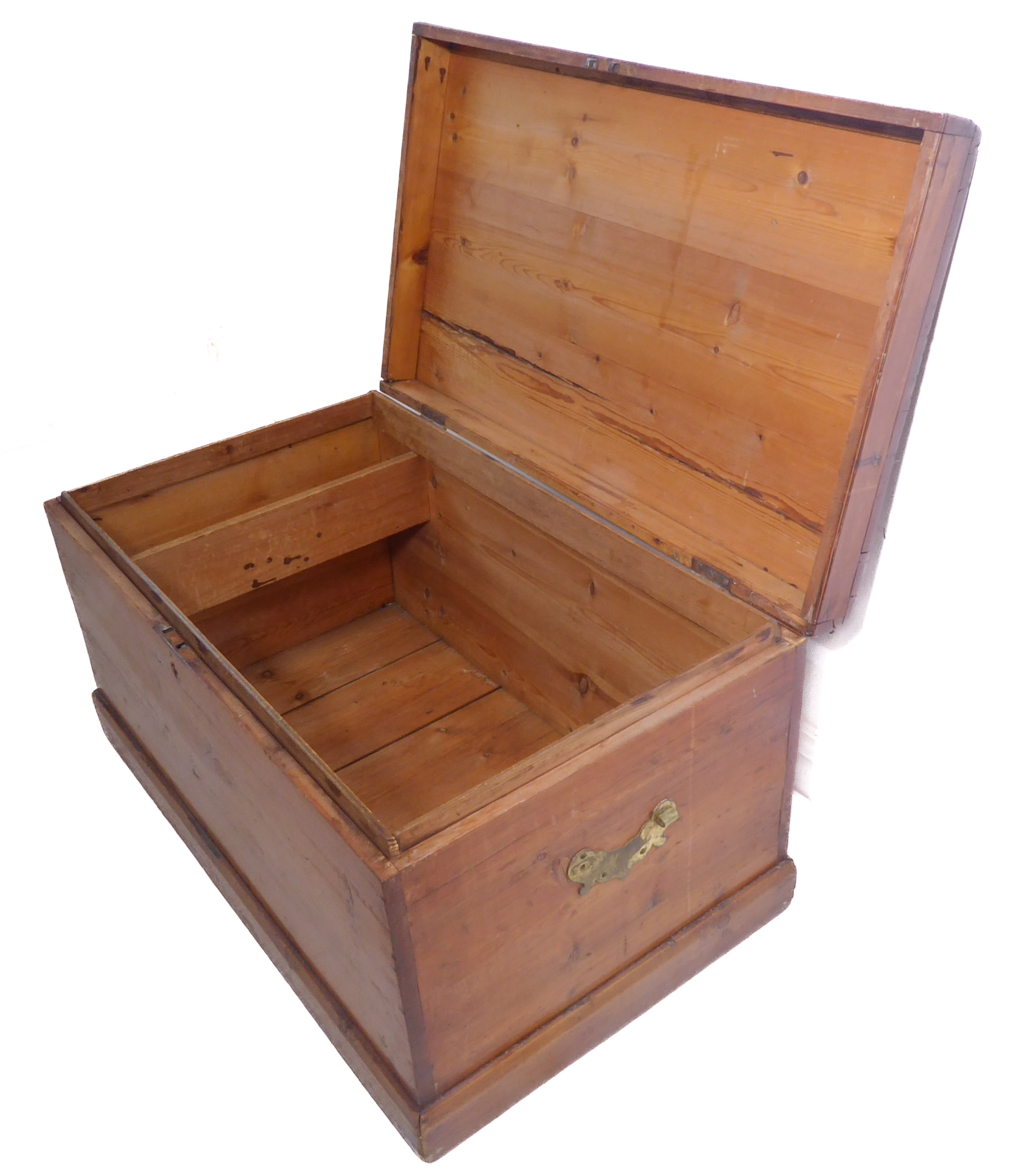 A 19th century polished pine trunk of good colour; the hinged lid opening to reveal candle box - Image 2 of 5