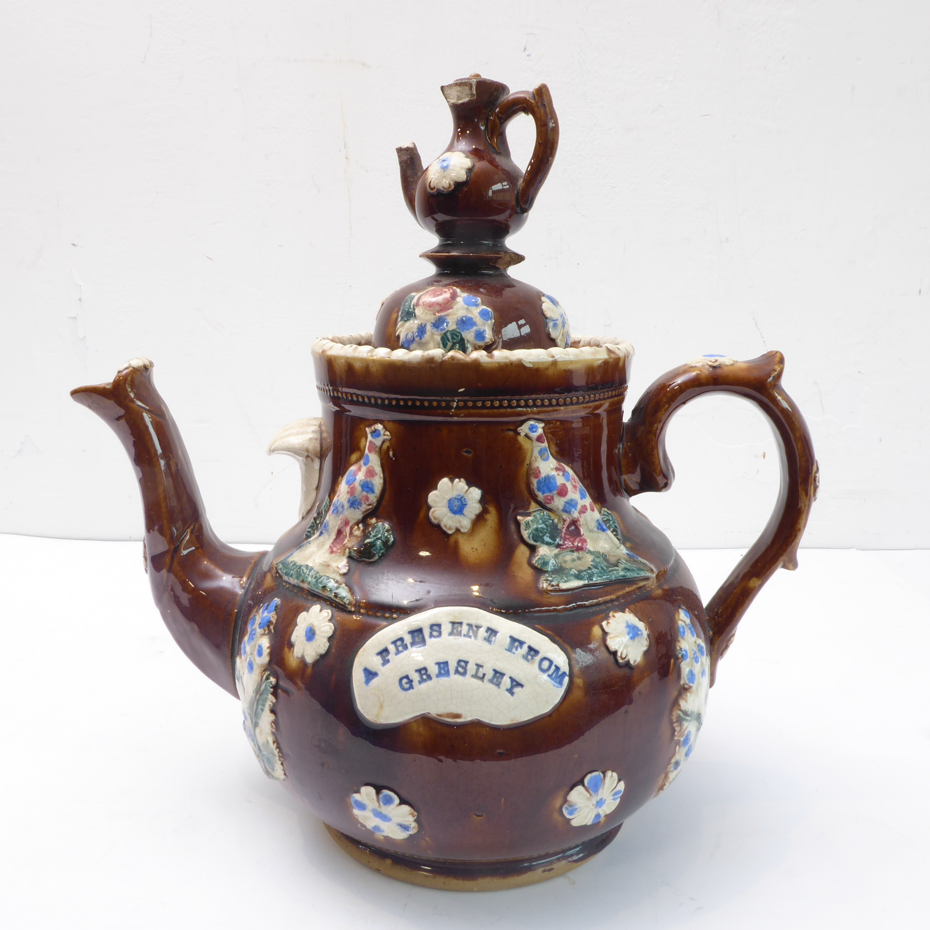 Two large 19th century Bargeware pottery teapots 'A present from a friend' and 'A present from - Image 3 of 8