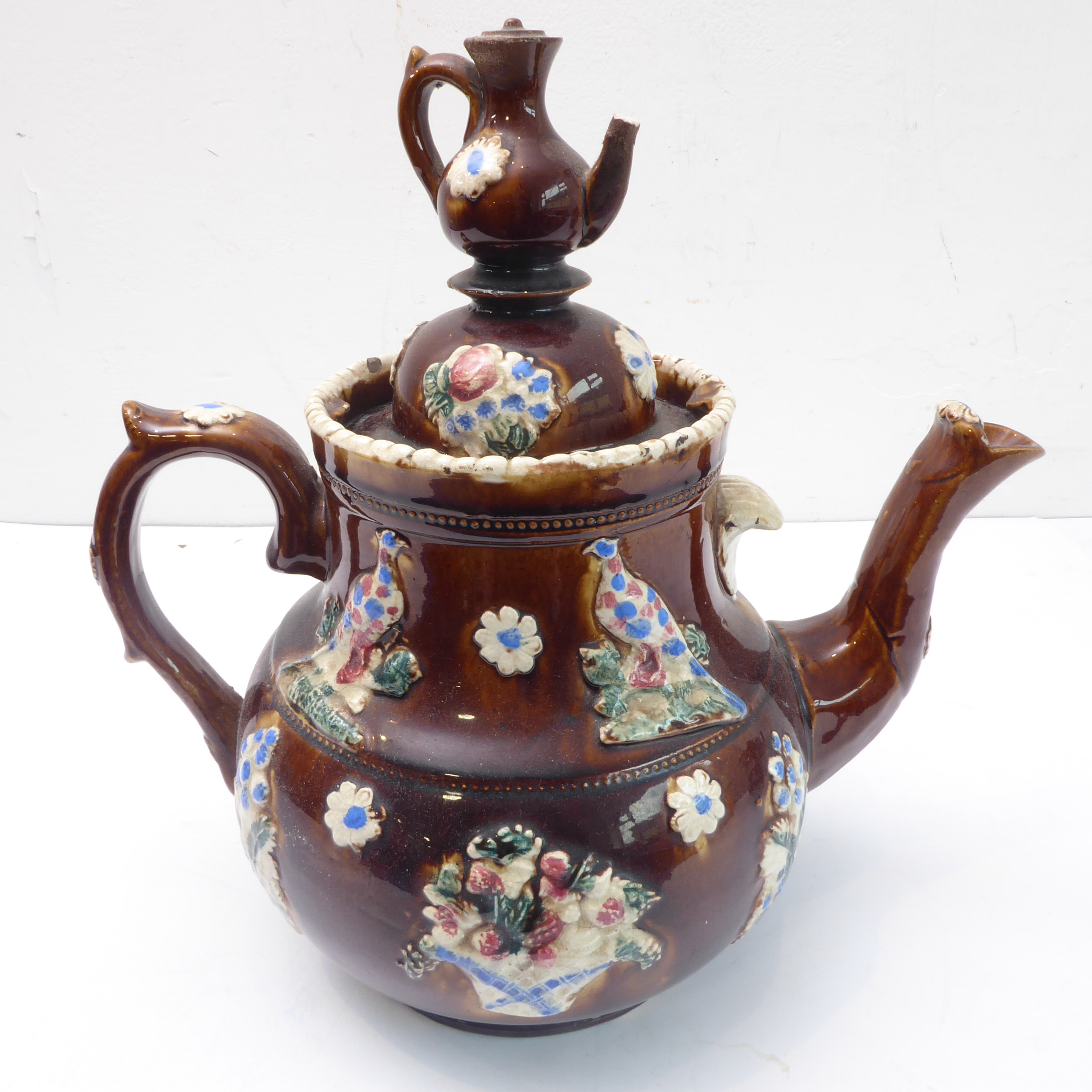 Two large 19th century Bargeware pottery teapots 'A present from a friend' and 'A present from - Image 2 of 8
