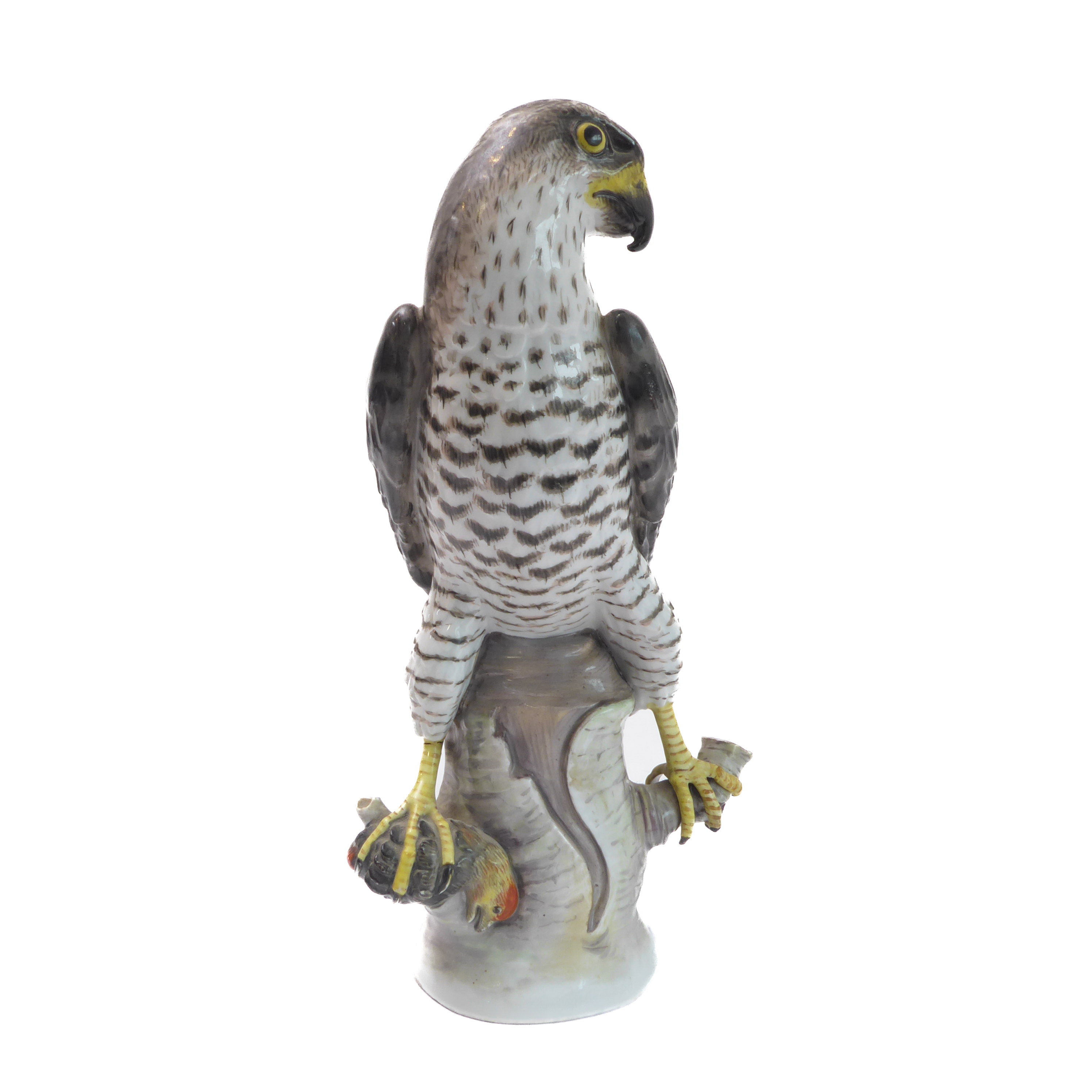 An early 20th century hand-decorated German porcelain model of a goshawk perched on a branch with - Image 2 of 9