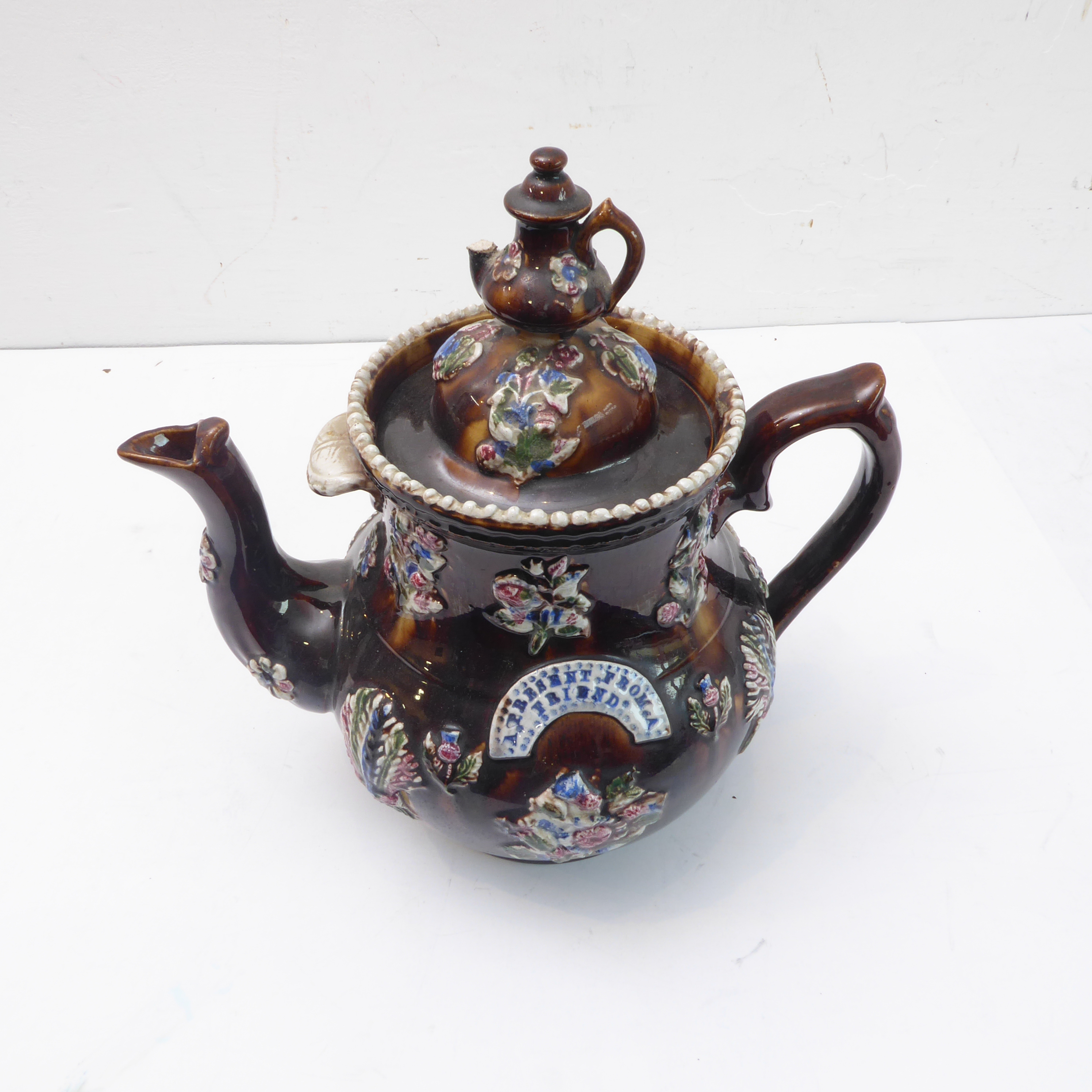 Two large 19th century Bargeware pottery teapots 'A present from a friend' and 'A present from - Image 6 of 8
