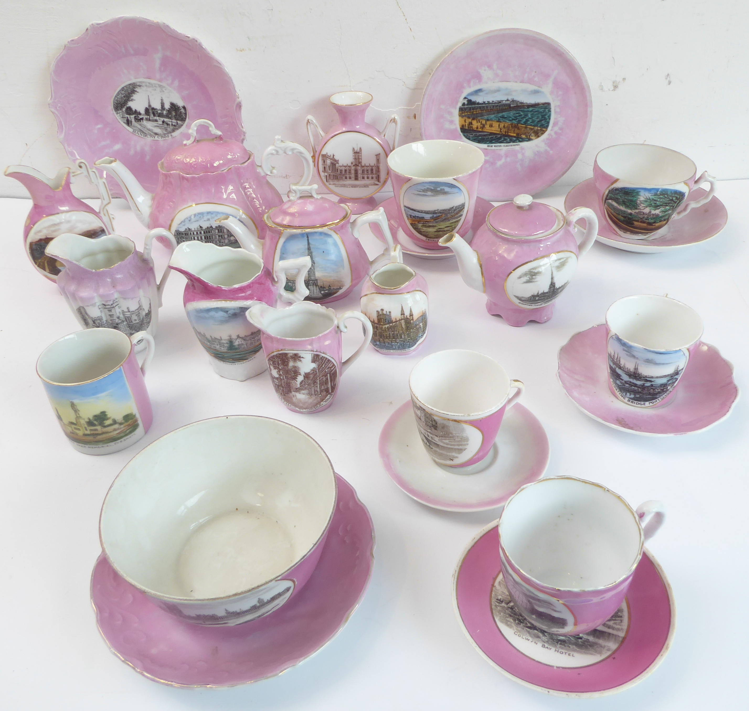 A selection of mostly late 19th century pink-glazed German porcelain commemorative ware to include