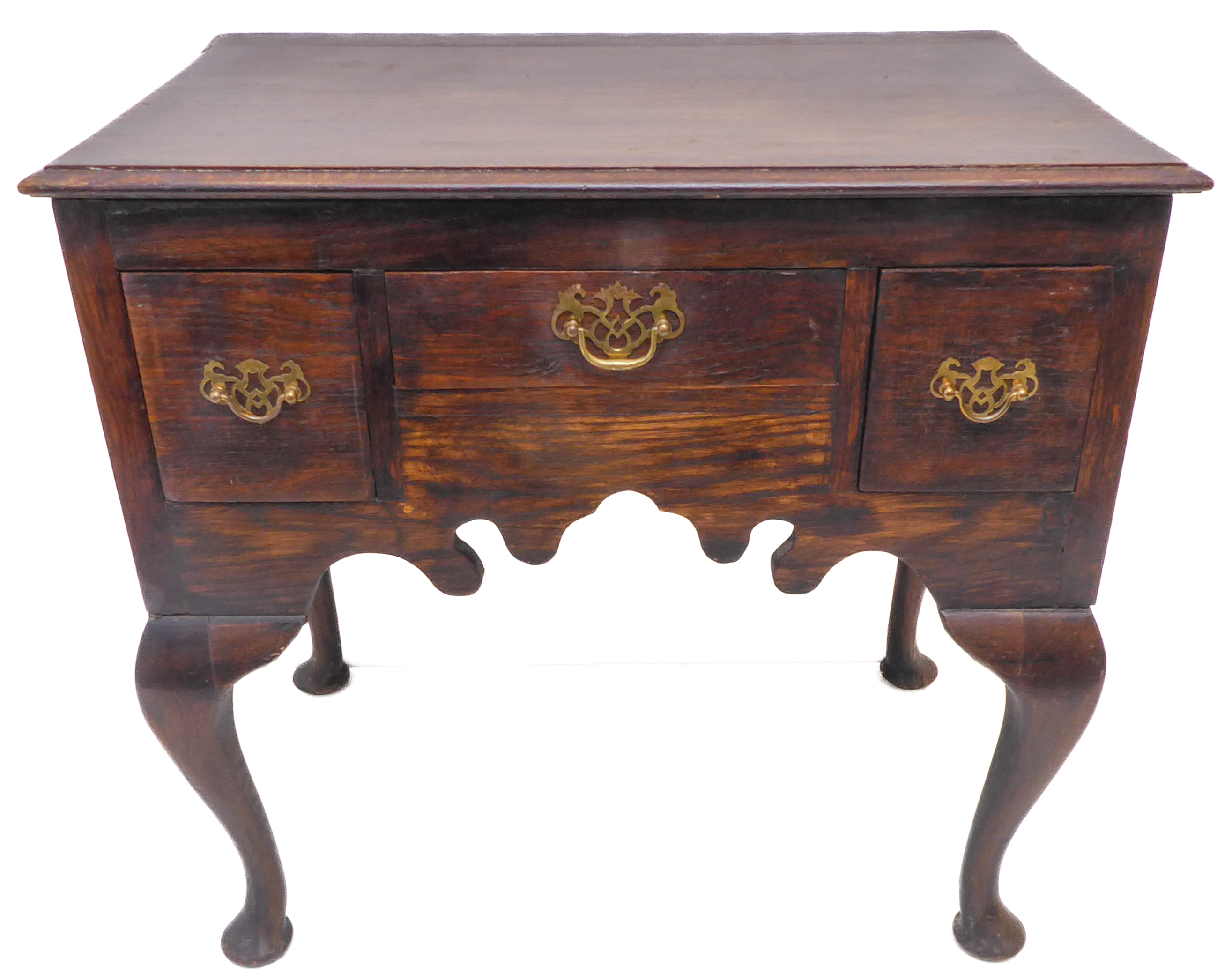 A mid 18th century style (reproduction) heavy solid oak lowboy; the slightly overhanging thumbnail - Image 2 of 3