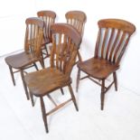 Five similar late 19th century lathe-back-style chairs; each with shaped elm seat