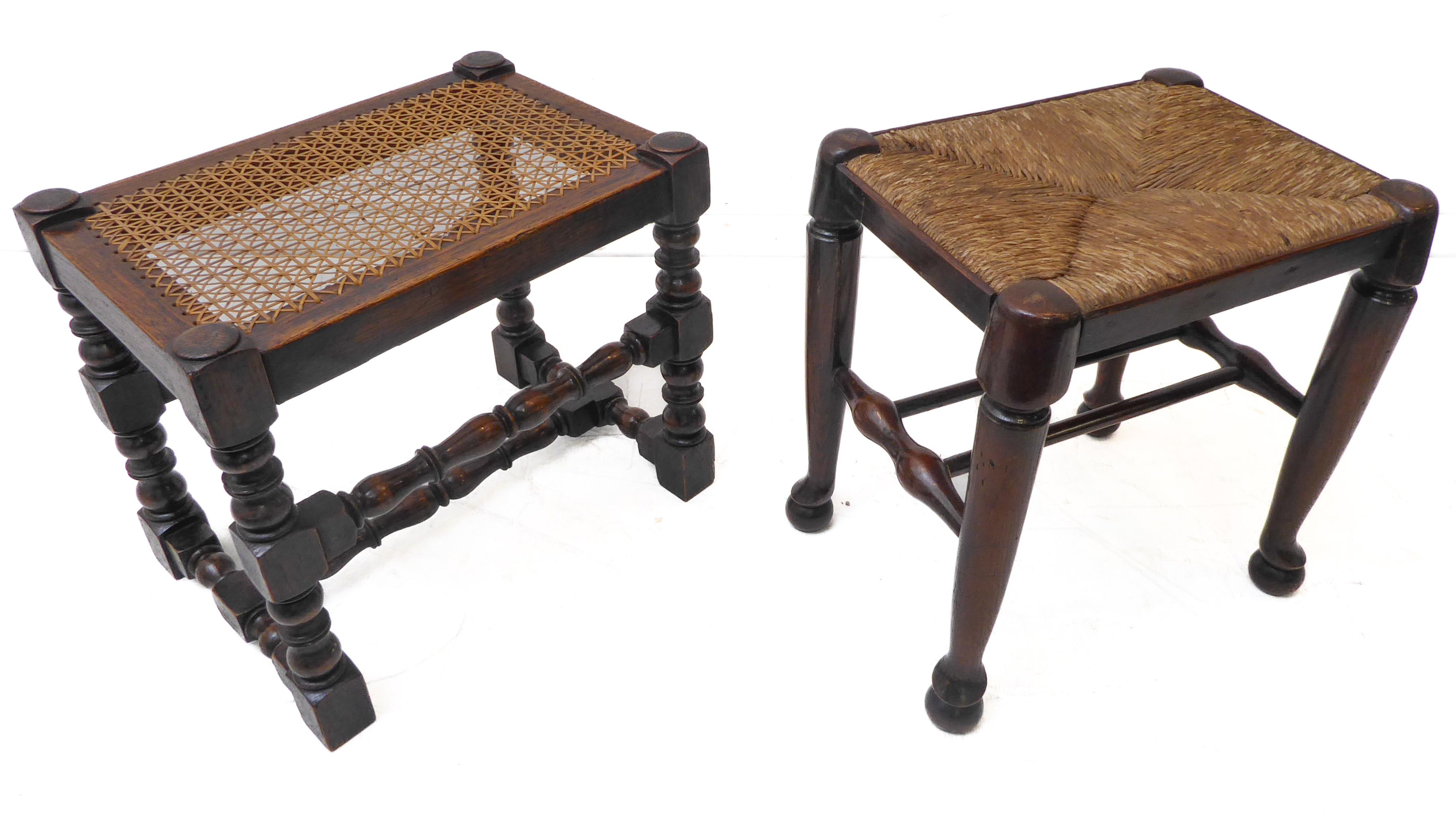 A late 17th century style (probably early 20th century) oak stool with rattan caned top; turned