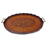 A good 19th century oval, mahogany, marquetry and satinwood two-handled serving tray, wavy gallery