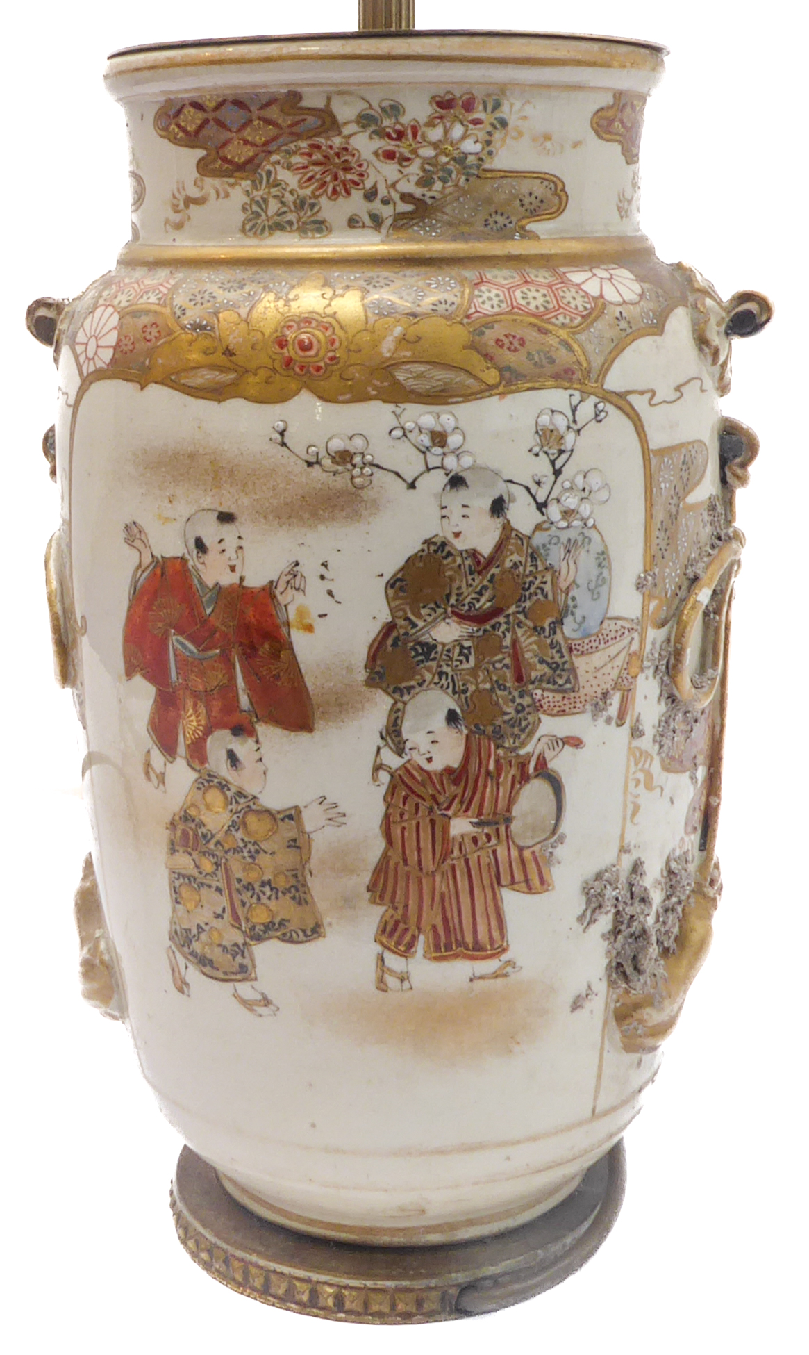 An early 20th century Japanese Satsuma vase decorated with dancing boys (converted to a lamp) - Image 4 of 4