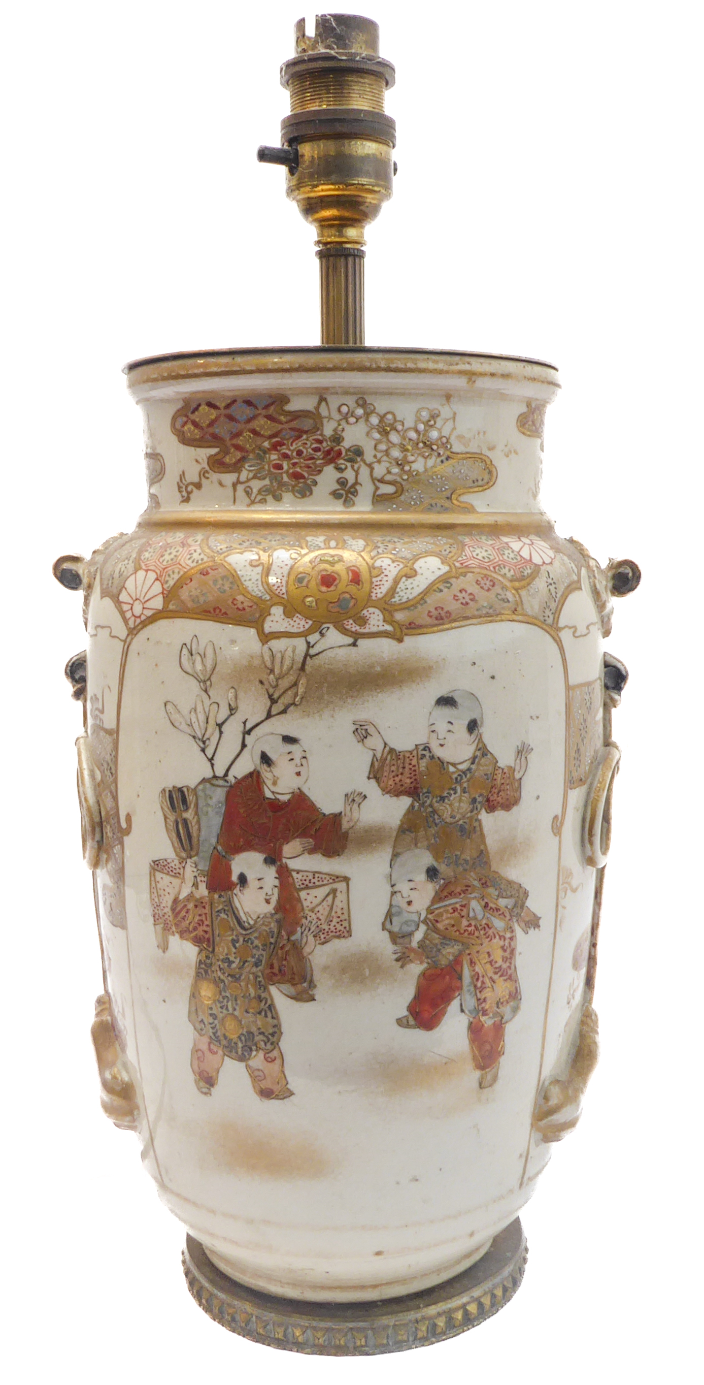 An early 20th century Japanese Satsuma vase decorated with dancing boys (converted to a lamp)