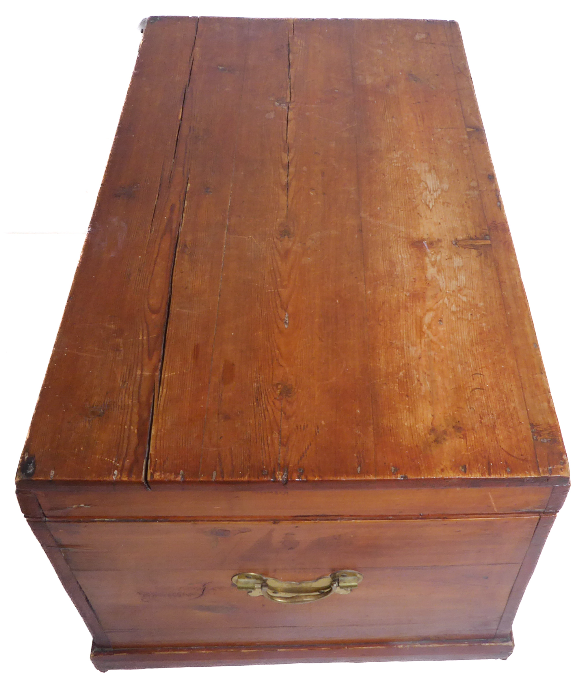 A 19th century polished pine trunk of good colour; the hinged lid opening to reveal candle box - Image 4 of 5