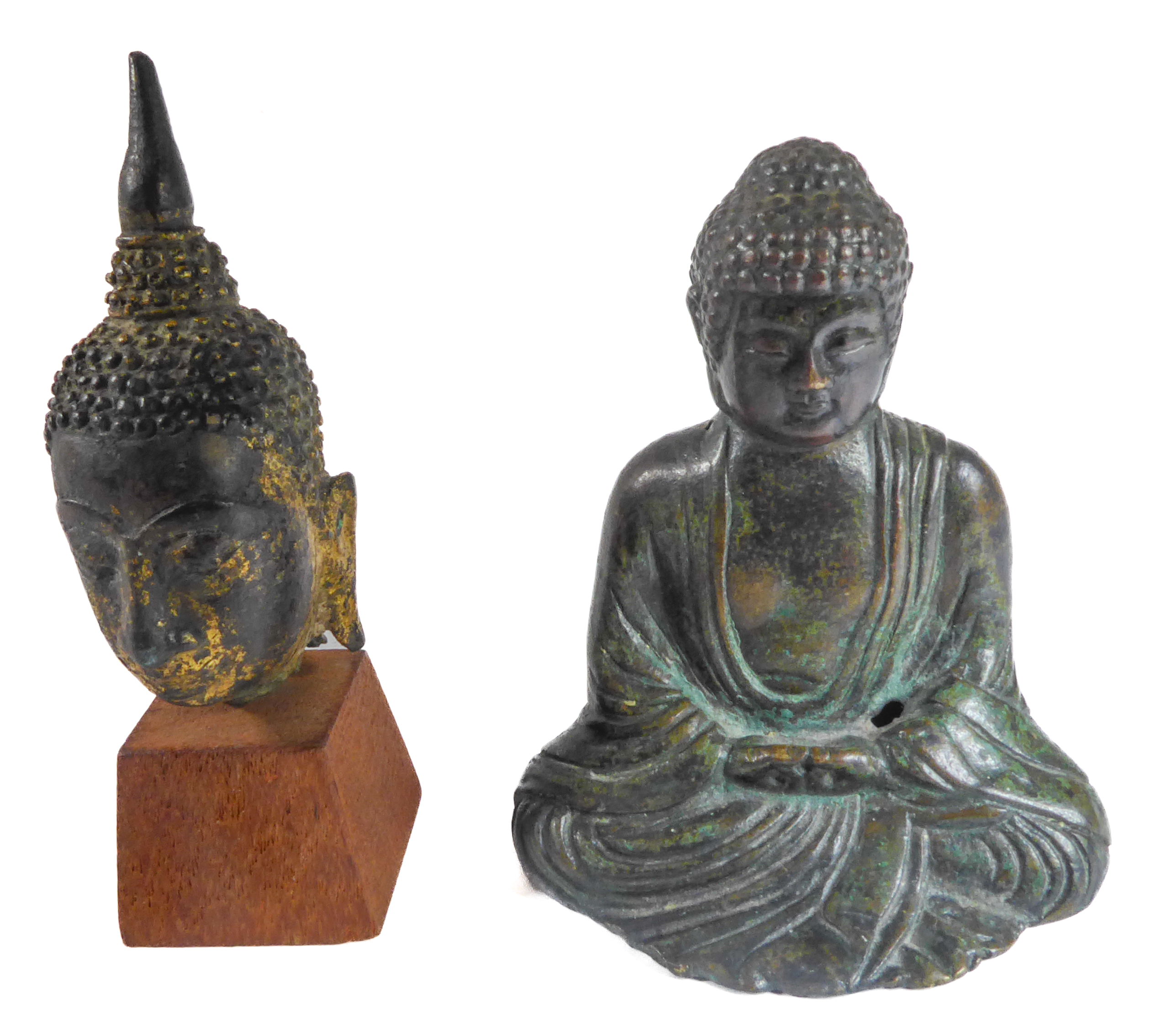 A seated bronze Buddha (8cm high) together with a bronze head of Buddha (possibly Thai) with