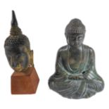 A seated bronze Buddha (8cm high) together with a bronze head of Buddha (possibly Thai) with