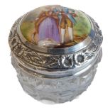 A small silver and enamel cut-glass trinket jar (4.3cm diameter)