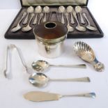 Small silver to include a caddy spoon by A E Jones, a pair of Art Deco jam spoons (Birmingham 1930),