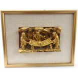 A Chinese giltwood carving in high relief of a sage and attendants below pine trees, gilt-framed (