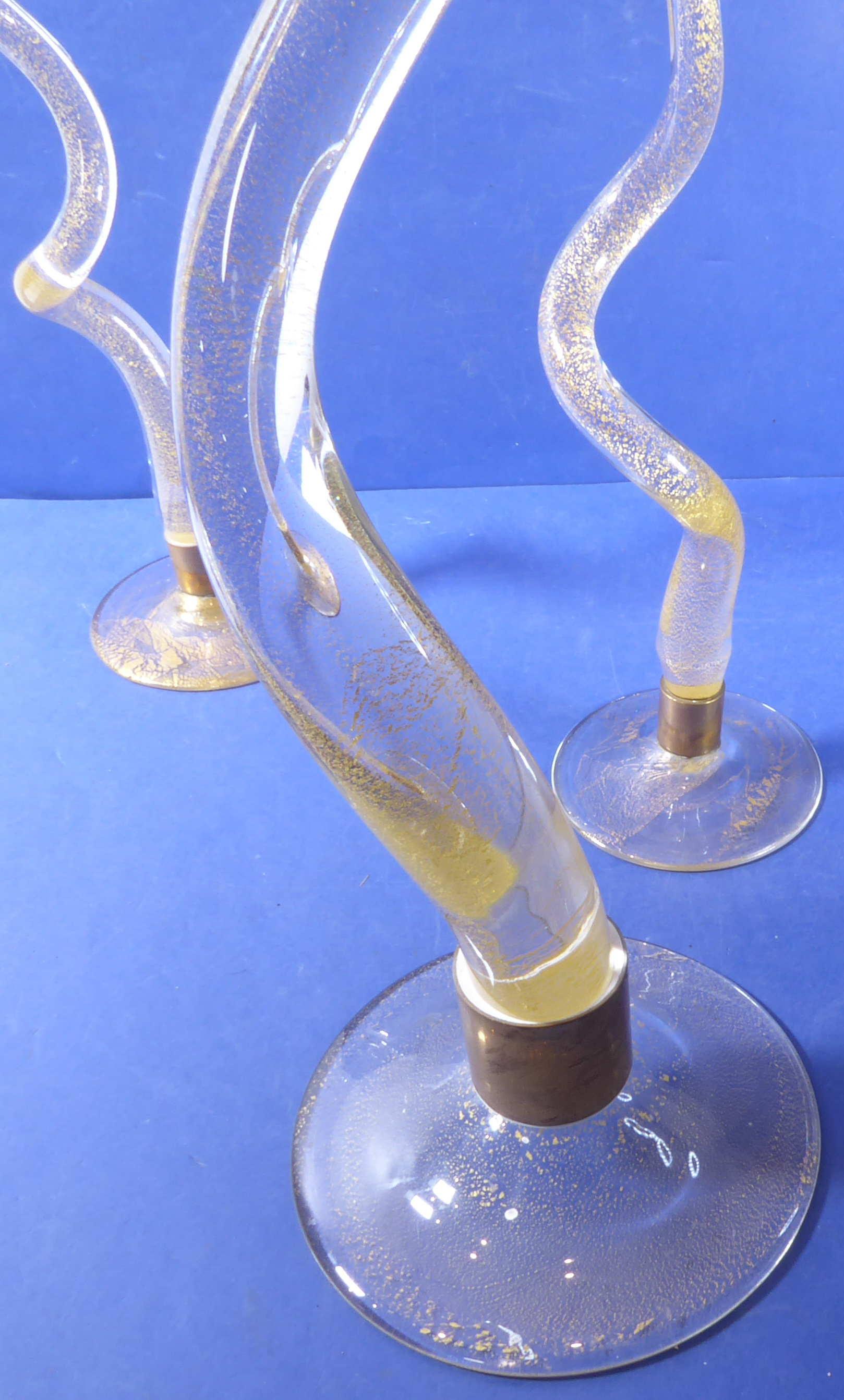 A set of three designer gold-fleck crystal candlesticks (signed) - Image 3 of 6