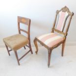 An early 19th century mahogany and marquetry side chair and a 19th century giltwood example having