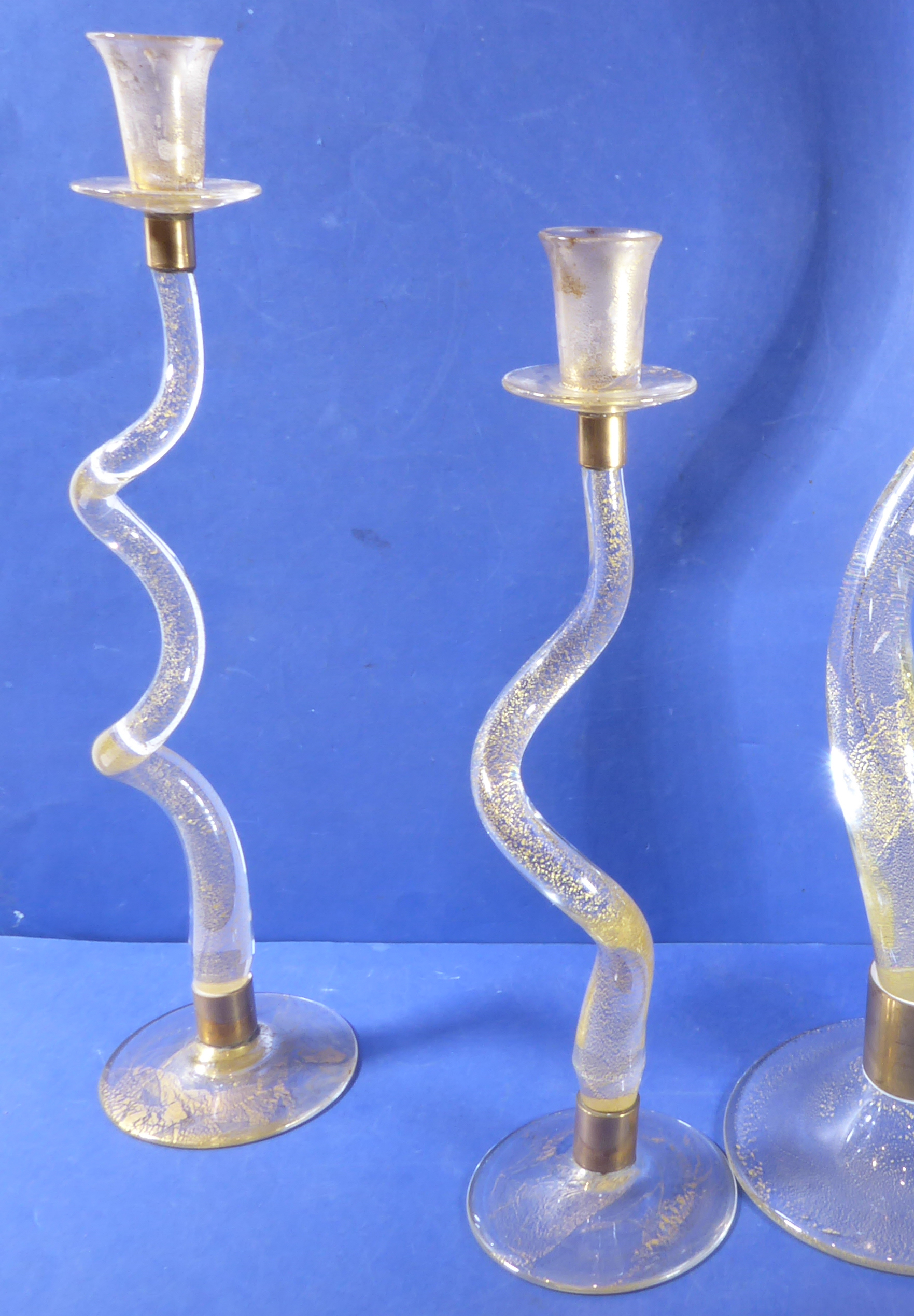 A set of three designer gold-fleck crystal candlesticks (signed) - Image 4 of 6