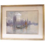 A watercolour of the Palace of Westminster with Thames barges in the foreground. Framed and