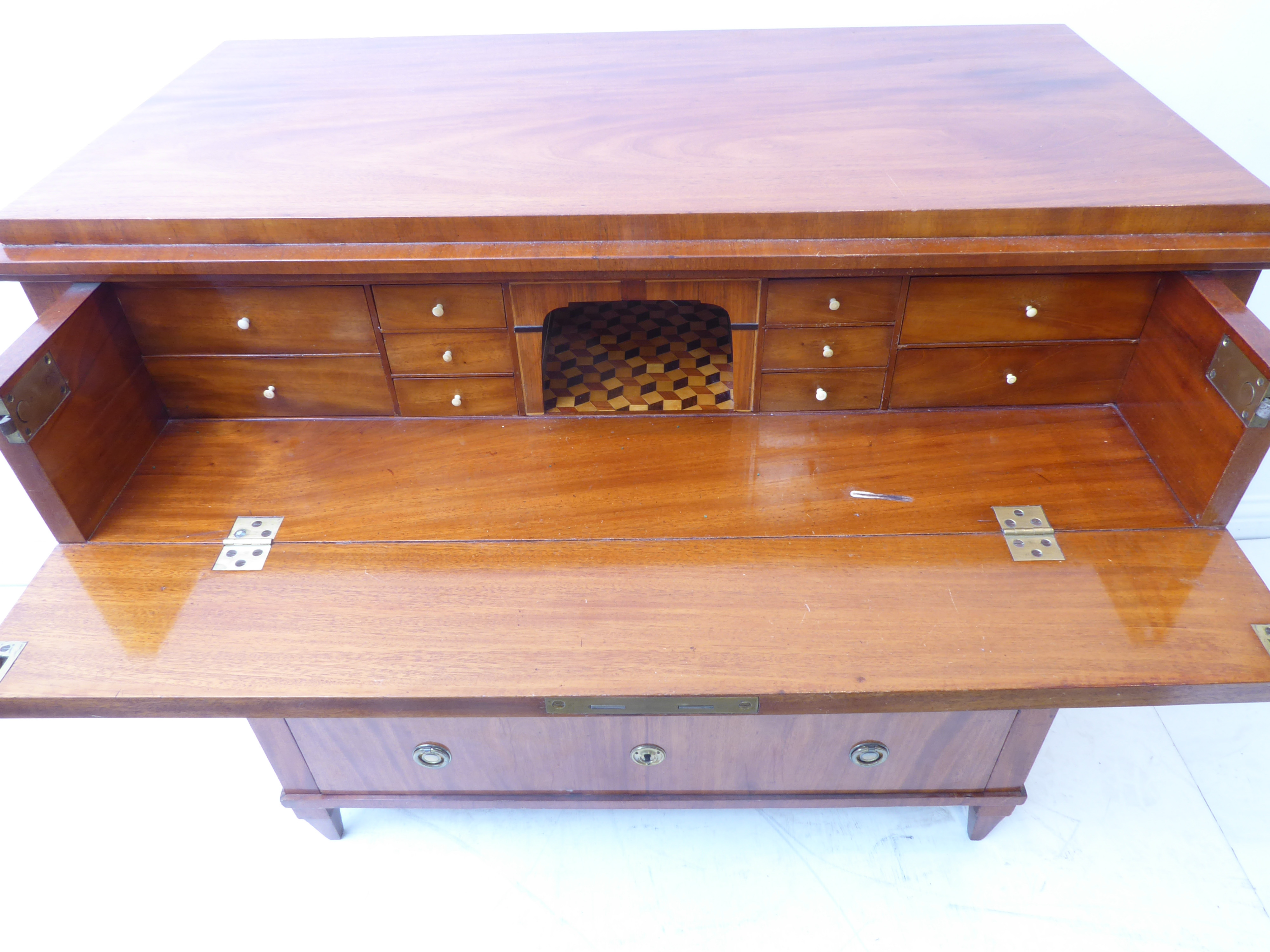 A 19th century continental mahogany secrétaire chest; the full width top drawer opening to reveal - Image 8 of 8