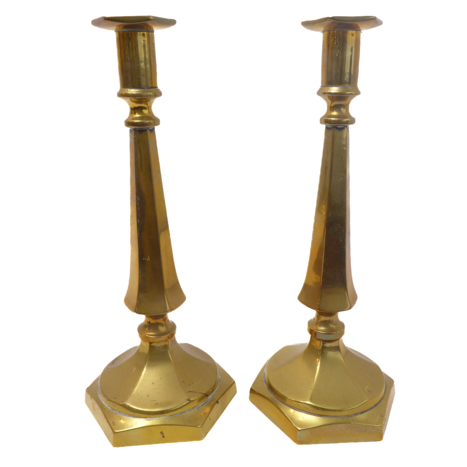 A pair of hexagonal brass candlesticks (30cm high) (2)