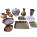 Various studio pottery to include 6 rectangular dishes, a two-handled blue-glazed lidded