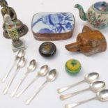 An interesting selection of decorative items to include a Chinese silver-plated pot-and-cover
