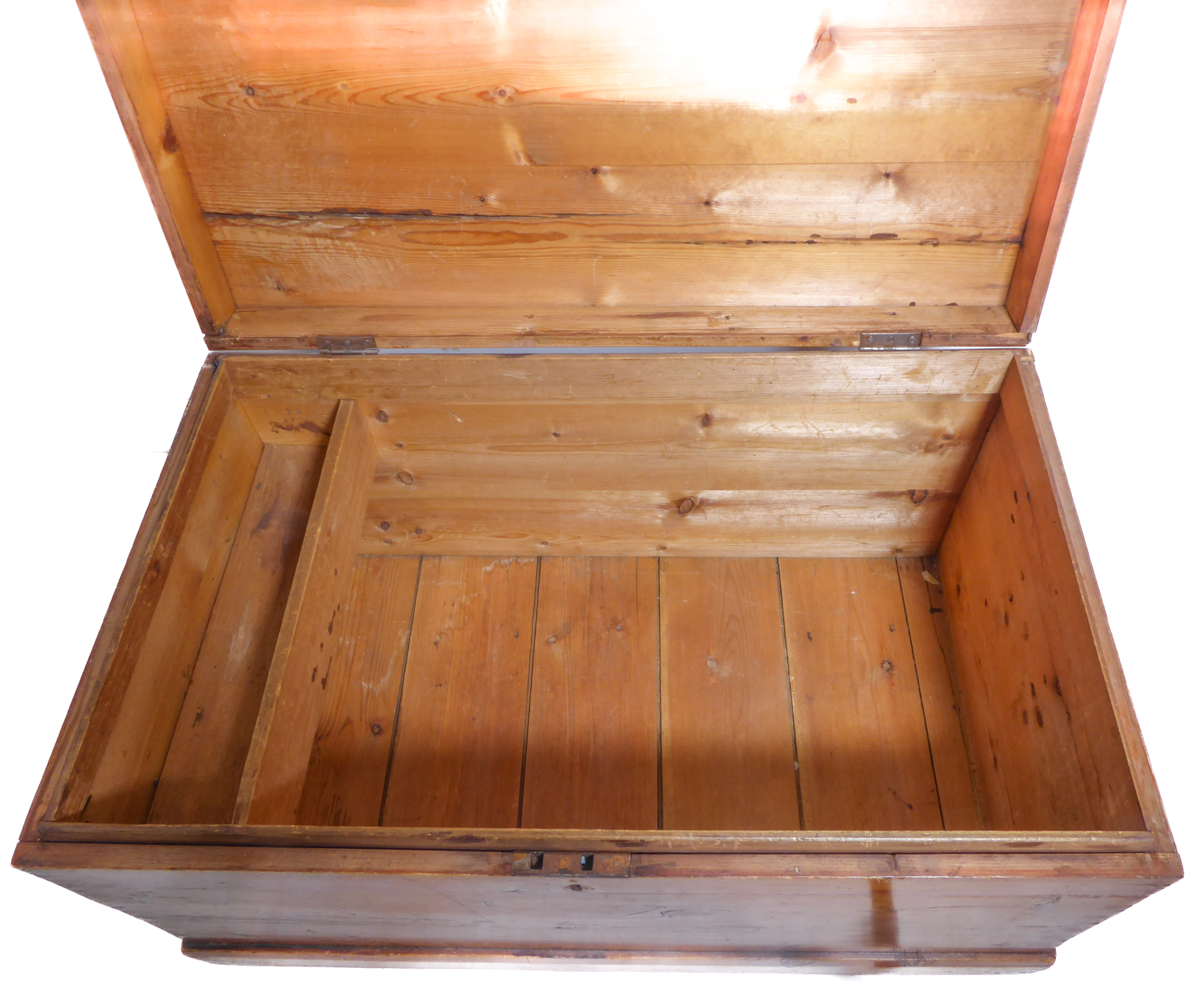 A 19th century polished pine trunk of good colour; the hinged lid opening to reveal candle box - Image 3 of 5