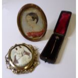 A late 19th century cameo brooch, a stick pin set with small white stones (cased) and a portrait