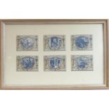 Six early-style rectangular ceramic tiles mounted in a parcel-gilt frame (frame size 31cm x 48cm)