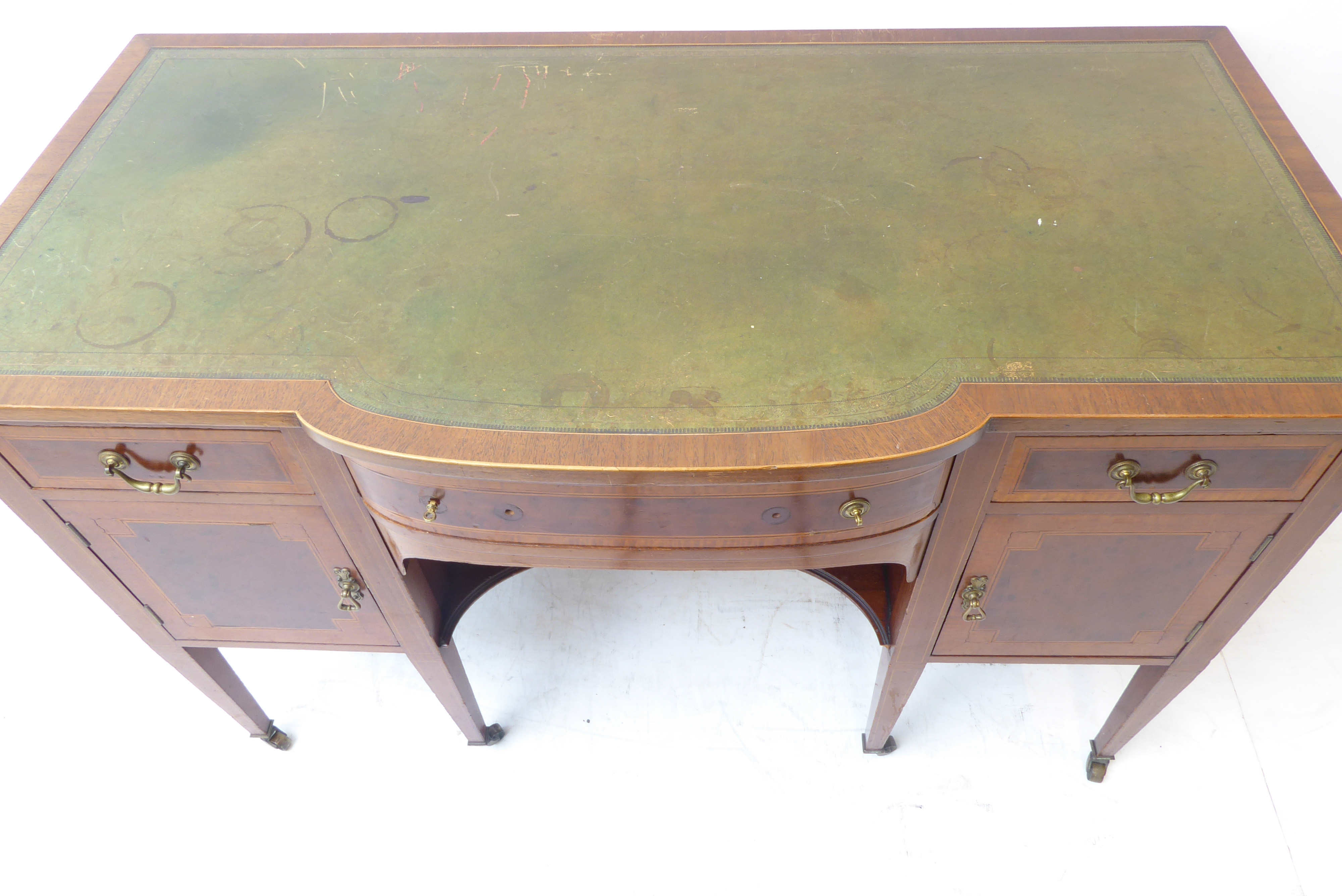 An Edwardian mahogany, boxwood strung and satinwood crossbanded desk; the leather inset top above - Image 3 of 4