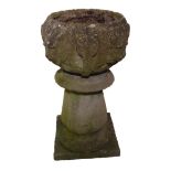 A decorative stoneware planter on stoneware stand (some frost damage), together with a decorative