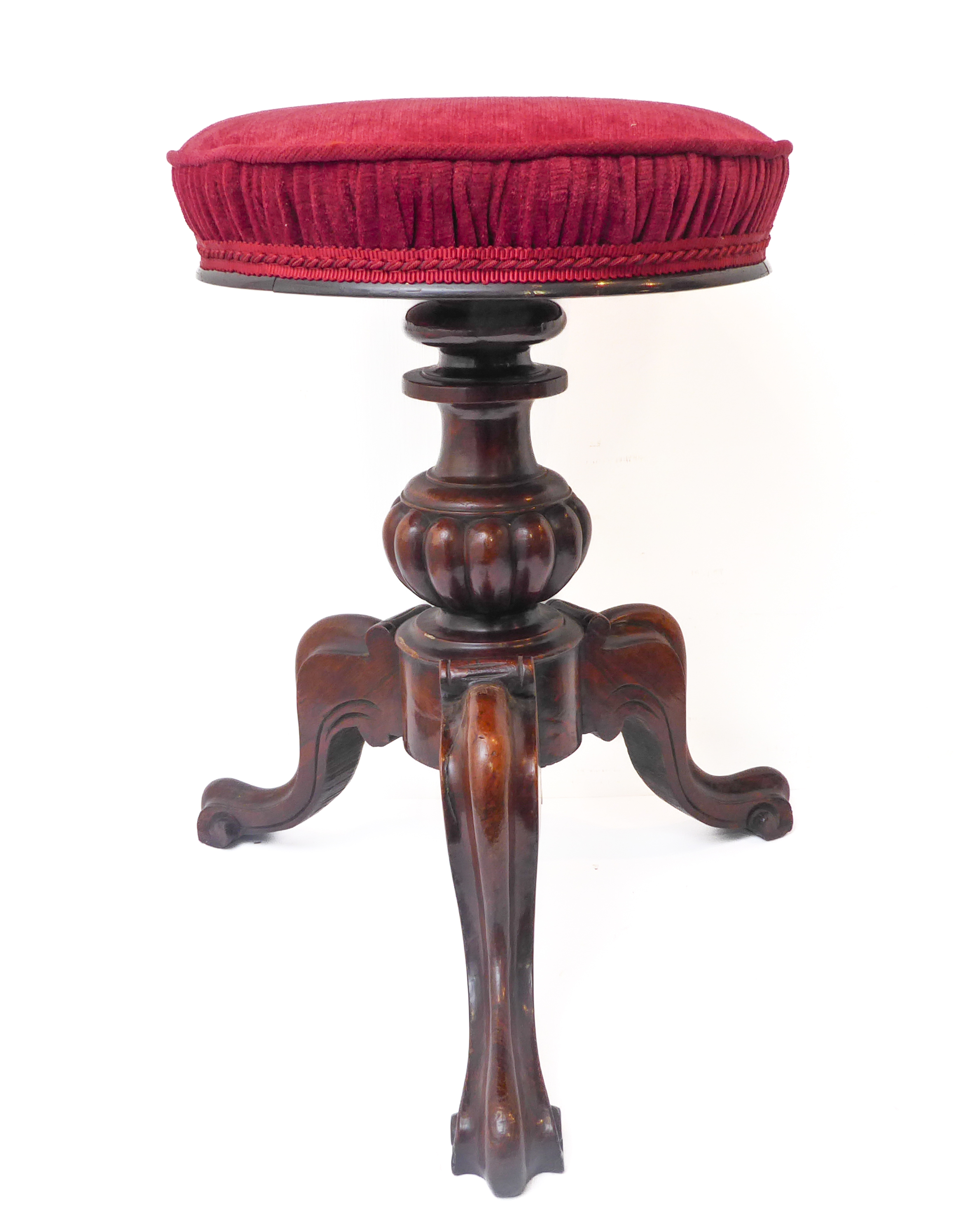 A good mid 19th century circular topped adjustable rosewood music/piano stool; bulbous gadrooned - Image 2 of 6