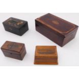 Four treen boxes: 1. a late 19th / early 20th century rectangular mahogany and satinwood banded